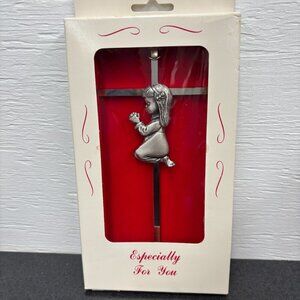 Vintage Silver Girl Wall Cross Infant Blessing Baby Plaque Wall Décor Hanging